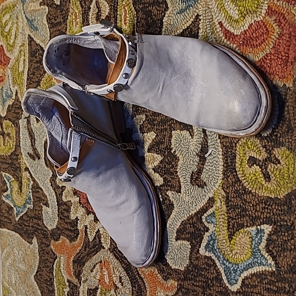 A.S.98 Women's Light Gray Leather Ankle Booties with Studded Strap